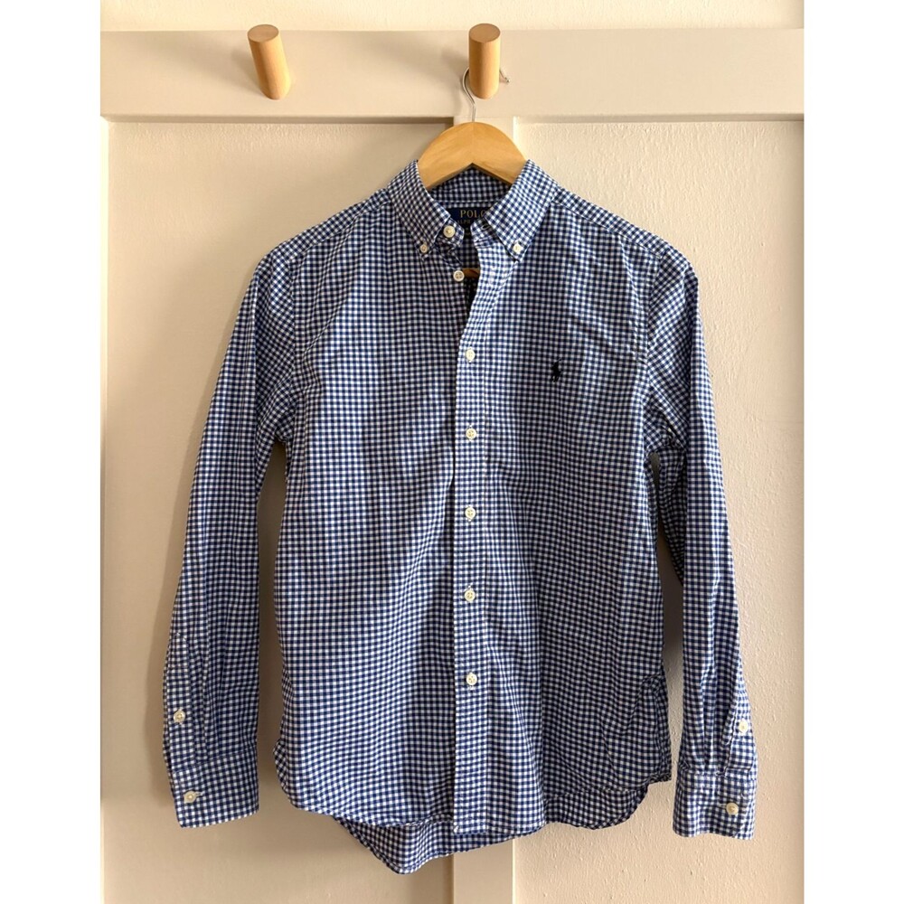 POLO RALPH LAUREN BLUE & WHITE Gingham Cotton Poplin Shirt Big Kid L 14-16